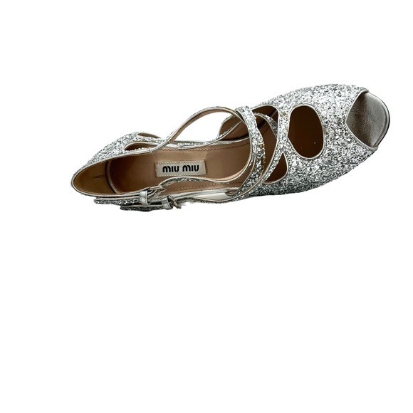 MIU MIU SILVER GLITTER OPEN TOE 2 STRAP CRISS CROSS 4" HEEL SANDALSl - Picture 10 of 16